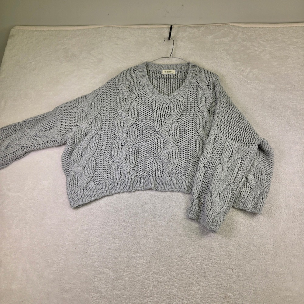C'isa Grey Cable Knit V-Neck Cropped Oversized Sweater Small